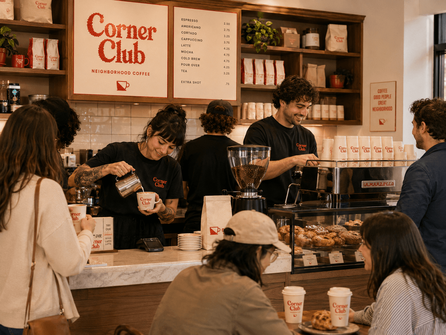 Two Corner Club baristas working the espresso bar at the La Marzocco