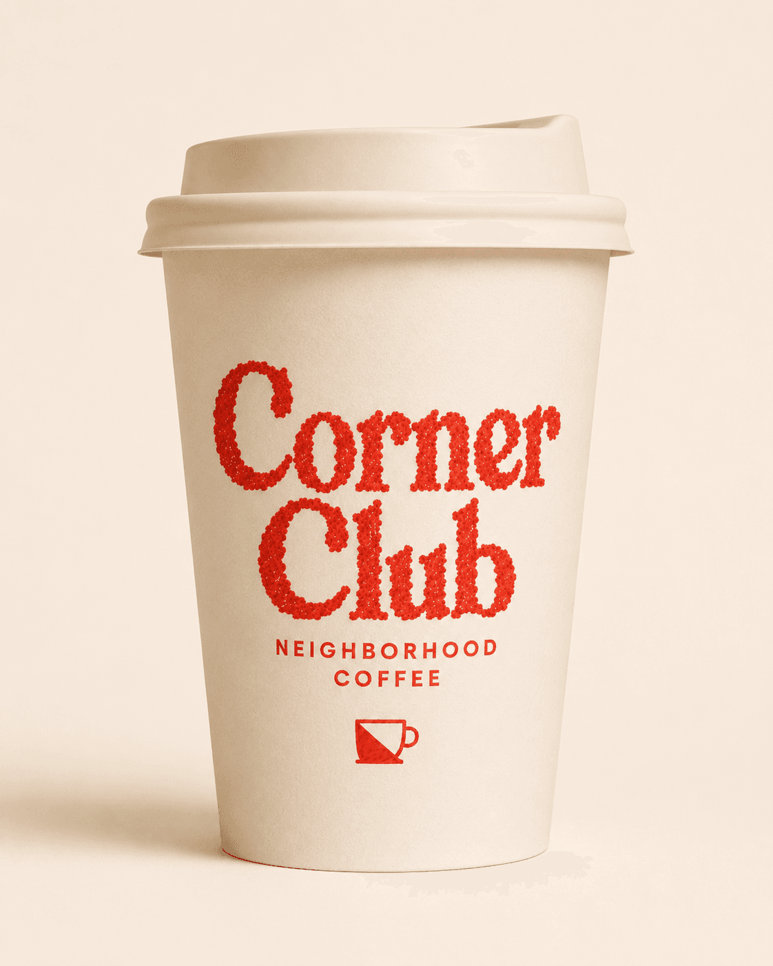 A hot Corner Club takeaway cup on a cream background