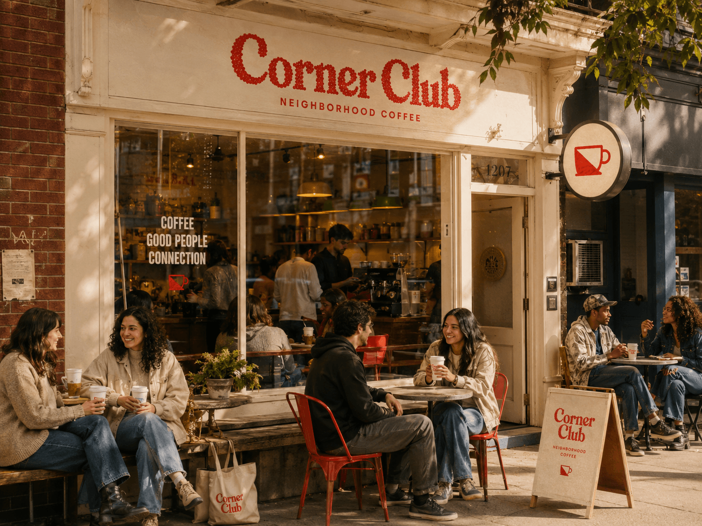 Guests on red bistro chairs outside Corner Club at golden hour, the red cup roundel sign overhead