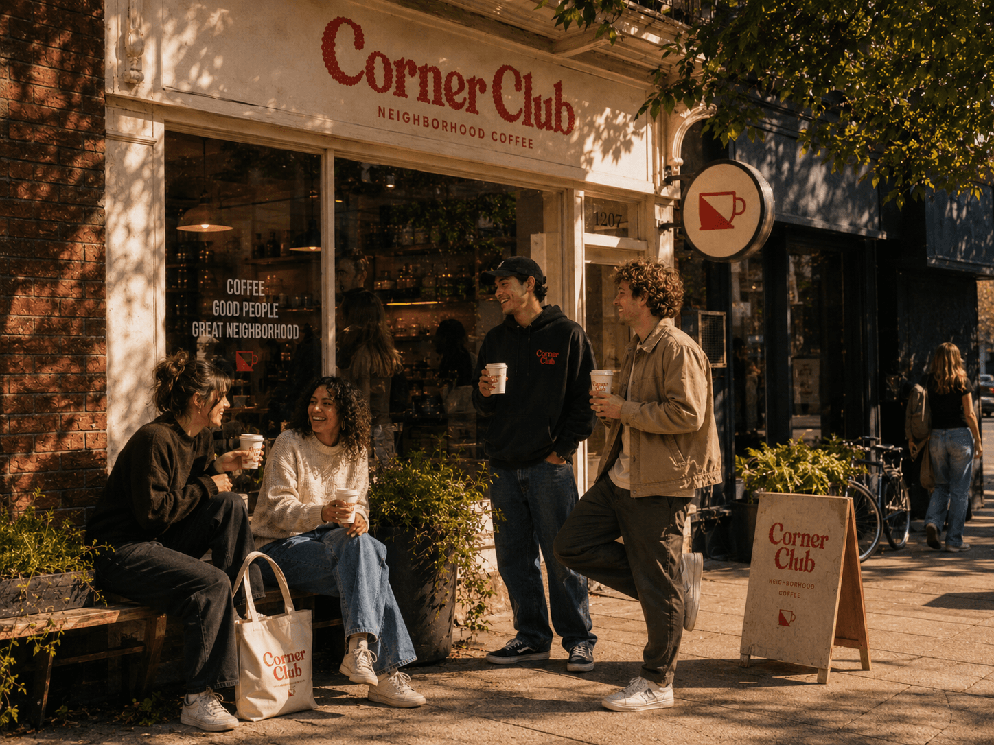 Friends gathered with coffees outside the Corner Club storefront and its hanging cup sign