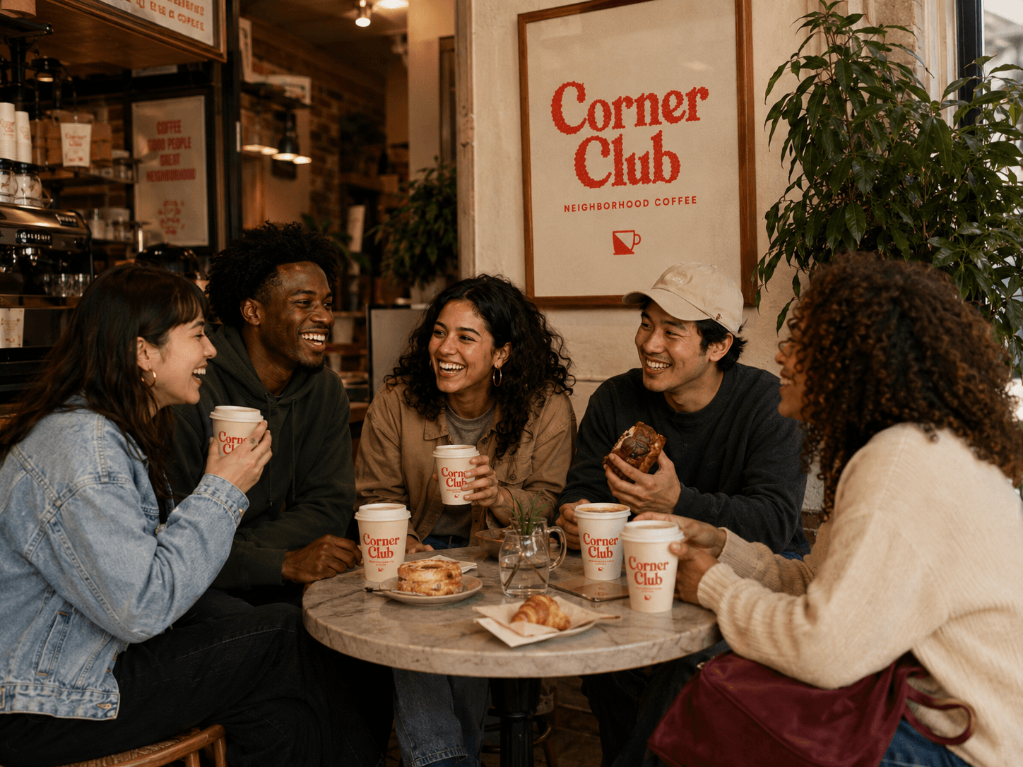 Five friends laughing over coffee and pastries at a marble café table